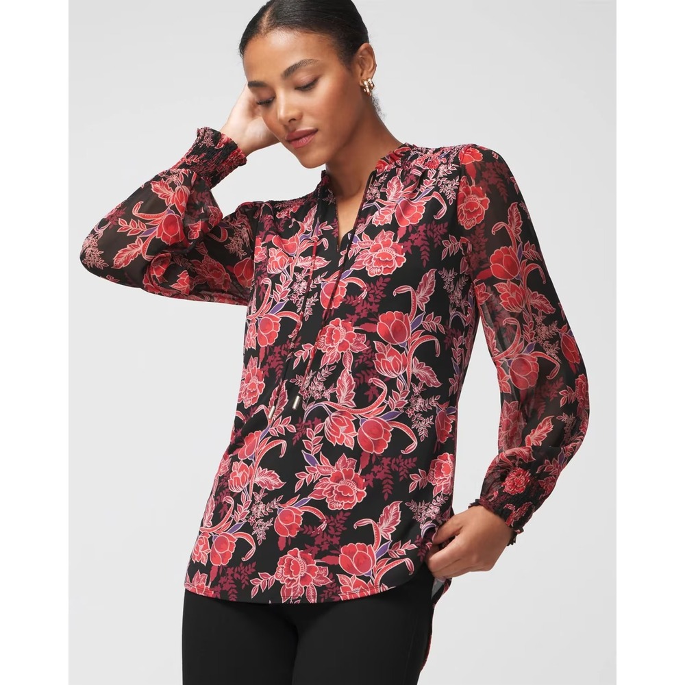 White House Black Market Floral Split Neck Blouse Womens M Red Black Smocked